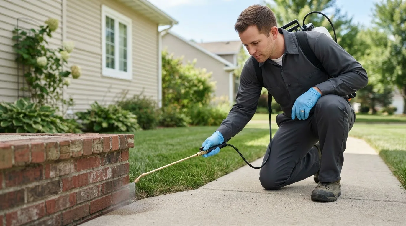 Pest control technician treating a home near Trail City, SD