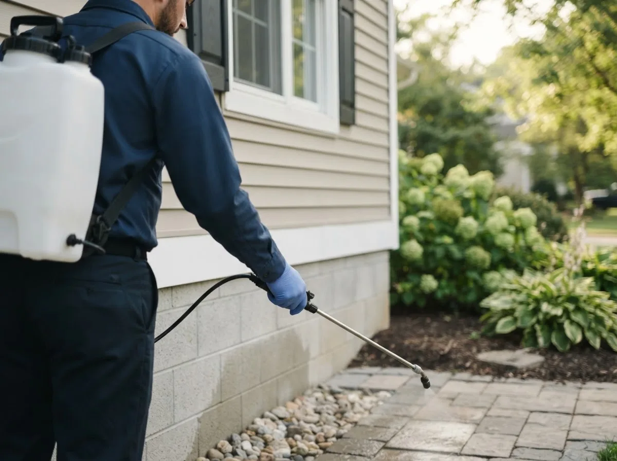 Pest control technician inspecting a home in Trail City, SD